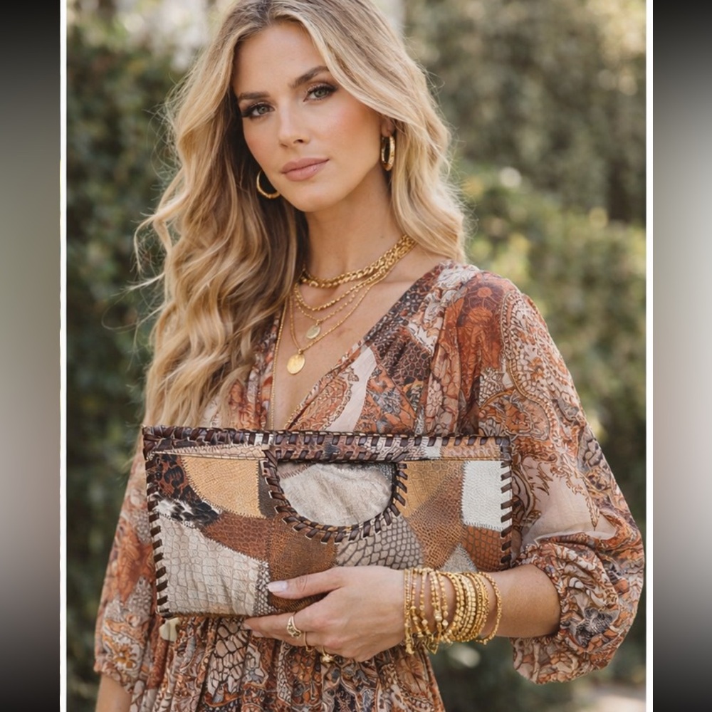 Convertible Boho Tote Clutch | Foldover Bag | Leather Trim Textured Fabric - Picture 4 of 4